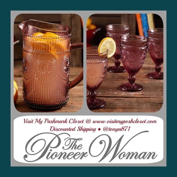 🦋 Last Set! 🦋 EUC Pioneer Woman Plum Adeline Pitcher & 4 Glass Goblets Set - Picture 1 of 9